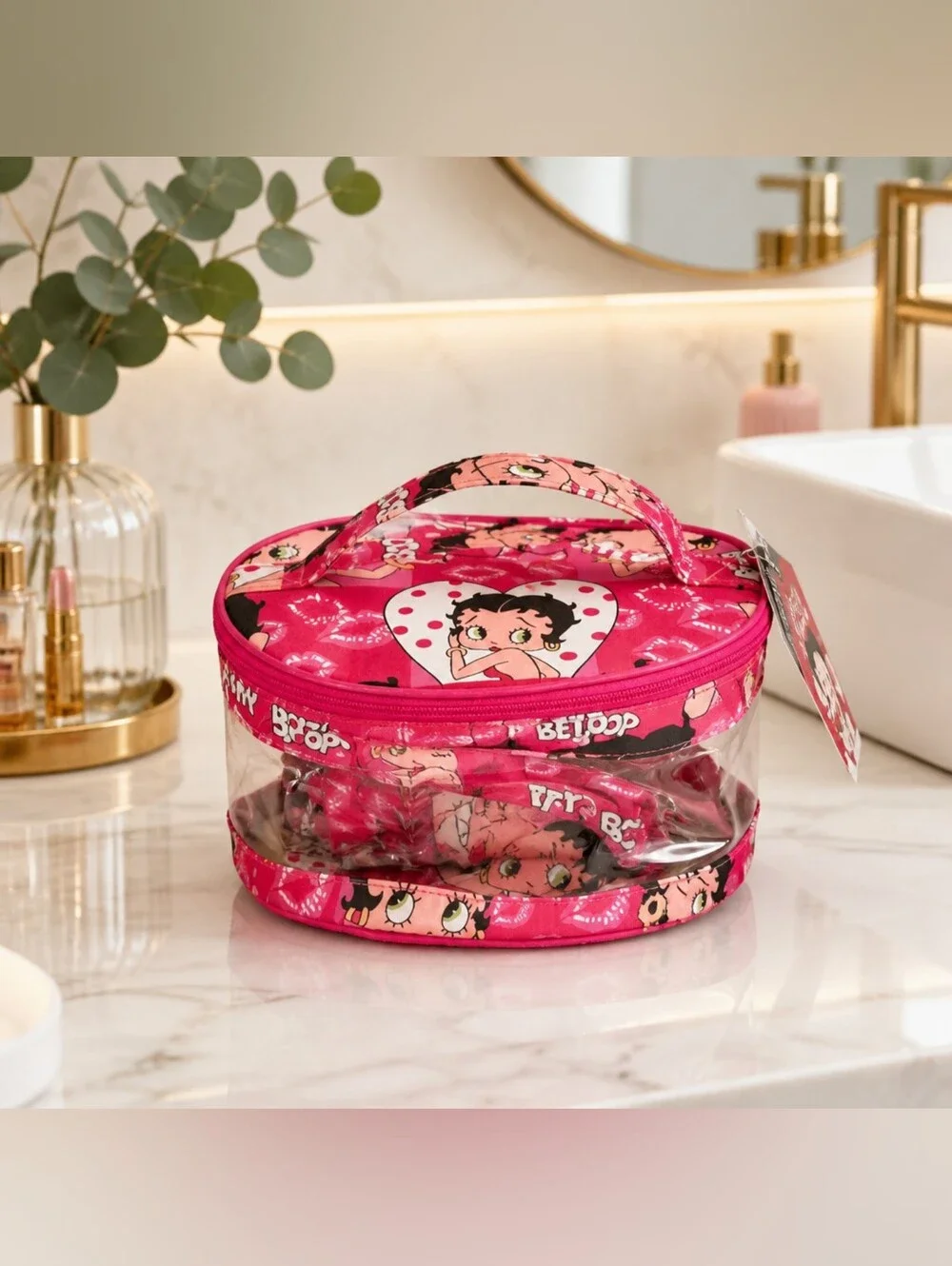 Betty Boop 3-Piece Hot Pink Cosmetic Bag Set Clear Travel Cases